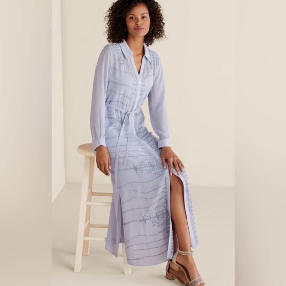 NEW Soft Surroundings Mallorca Sheer Belted Button Maxi Dress Blue Mist XL